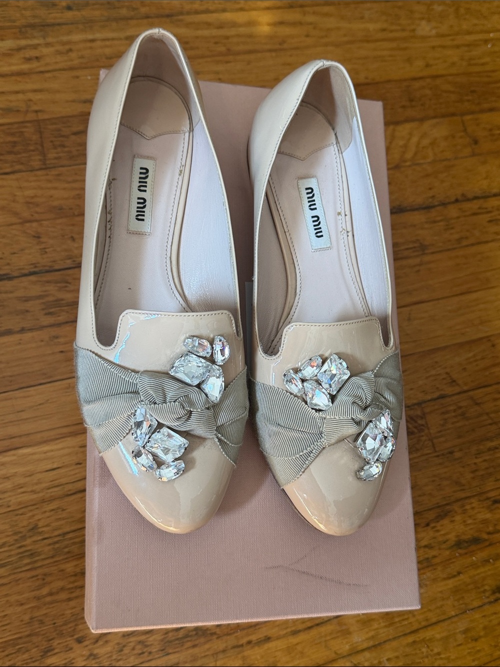Miu Miu Blush Patent Leather Loafers with Crystal Bow
